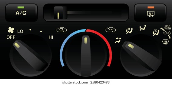 Realistic LHD car electronics climate control dial knob type for temperature setting fan speed control and mode control included slide mechanism air circulate switch with label illustration vector.