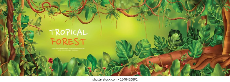 Realistic liana jungle horizontal poster with editable text and frame with exotic trees leaves and flowers vector illustration