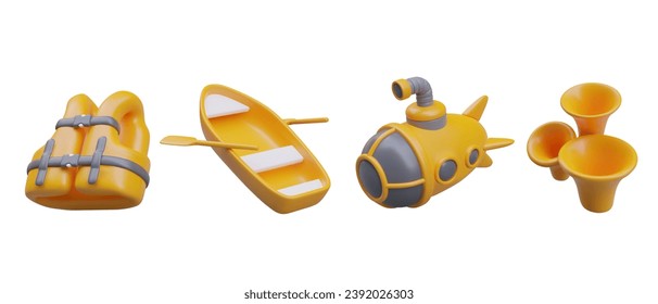 Realistic life jacket, boat with oars, bathyscaphe, tubular corals. Yellow vector image. Set for design of underwater world. Sea travel. Excursions to bottom of ocean