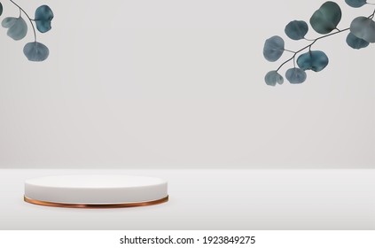 Realistic Light 3d pedestal with eucalyptus leaves over pastel background. Trendy empty podium display for cosmetic product presentation, fashion magazine. Vector illustration EPS10