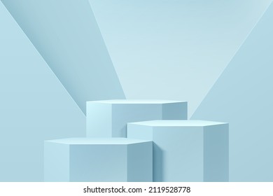 Realistic light blue 3D hexagon stand or podium set with geometric shape background. Pastel minimal wall scene for products showcase, Promotion display. Vector abstract studio room platform design.