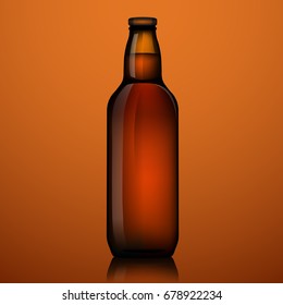 The realistic of light brown beer bottle with reflection vector on brown gradient background. Art vector.