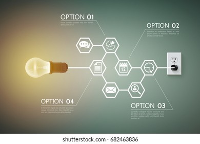 Realistic light bulb business template for presentation with scheme icons and pointers vector illustration