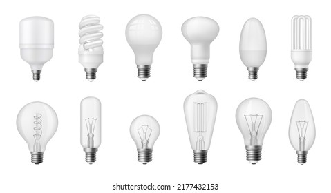 Realistic light bulb. Different types of energy efficient, fluorescent, halogen, incandescent and LED bulbs symbols, idea concept. Vector 3D isolated set of realistic energy bulb illustration