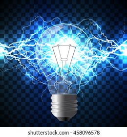 Realistic light bulb filled with white lightning bolt created from intertwined white lightnings and surrounded with shining blue lights on blue background. Concept of idea born and power of mind.