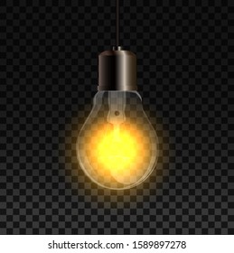 Realistic light bulb. Glowing yellow incandescent filament lamps. Light bulb isolated on transparent background