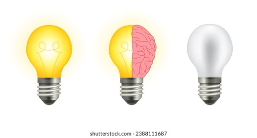 Realistic light bulb. Glowing yellow and white incandescent lamps. Brain in the yellow light bulb. Good idea. Creative idea, brainstorm, mind, non standard thinking symbol. Vector illustration
