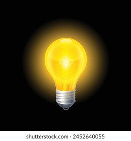 Realistic light bulb. Glowing yellow and white incandescent filament lamps, electricity on and of template. Vector 3D light bulbs set - creativity idea business innovation, on transparent background.