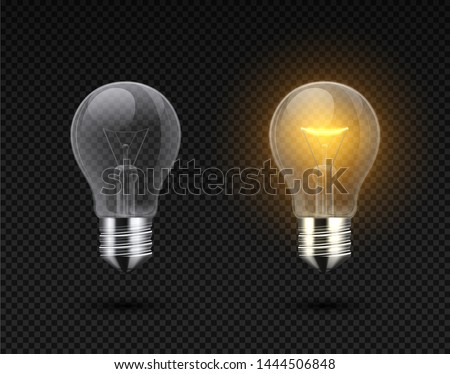 Realistic light bulb. Glowing yellow and white incandescent filament lamps, electricity on and of template. Vector 3D light bulbs set - creativity idea business innovation, on transparent background