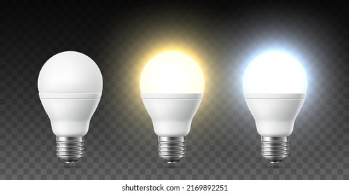 Realistic light up bulb. On and off modern interior lamps, cold and warm heating, bright glow temperature, 3d led basic shape, responsible energy use, utter vector isolated set
