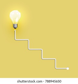 Realistic light bulb on yellow background, vector illustration