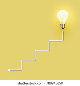 Realistic light bulb on yellow background, vector illustration