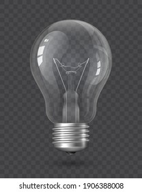 Realistic Light Bulb with transparency isolated on a dark checkered background. Incandescent Lamp, Glass Lamp object. Design element, clipart, symbol, icon. Electricity concept. 3d vector illustration