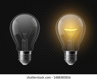 Realistic light bulb. Turned off and glowing isolated lamps. Creative idea and innovation lightbulb vector 3d business and electricity interior lights decorations edison lamp concept