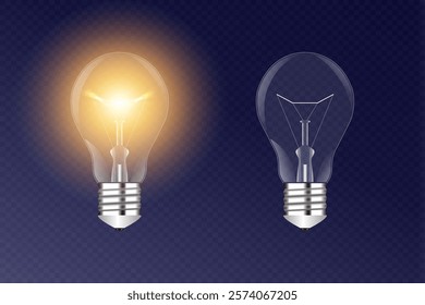 Realistic light bulb. Turned on and off electric light bulb or lamp at transparent background. Vector illustration.