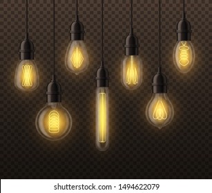 Realistic light bulbs. Hanging vintage edison glowing lamps. Realistic retro light bulb isolated vector interior lighting loft ceiling designs room elements