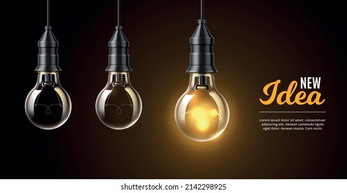 Realistic light bulbs idea poster. Glow lamp. Creative and inspiration energy. Electricity objects. Business insight. Lightbulb classical shape. Hanging on wire lantern