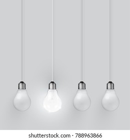 Realistic light bulbs on grey background, vector illustration