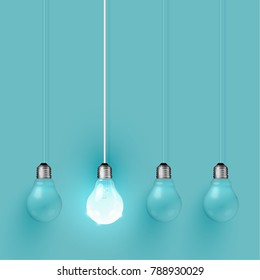 Realistic light bulbs on turquoise background, vector illustration