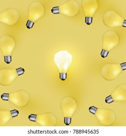 Realistic light bulbs on yellow background, vector illustration