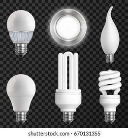 Realistic light bulbs set with led fluorescent halogen and incandescent lamps on transparent background isolated vector illustration 