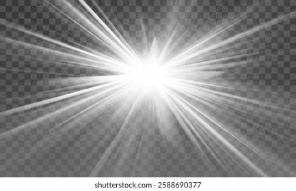 Realistic light burst with shining sun rays, bright glow effect in the top corner, transparent background, white illumination beams spreading, natural sunlight overlay, elegant radiance for creative 