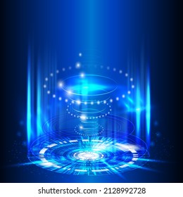 Realistic light effect with glowing particles and blue beam, Magic portal futuristic teleport funnel, 3d vector abstract lighting.