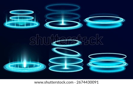 A realistic light effect podium with a holographic glow is centered on a black backdrop. Designed for product display or sci-fi teleportation themes. Clean and minimal futuristic style.	
