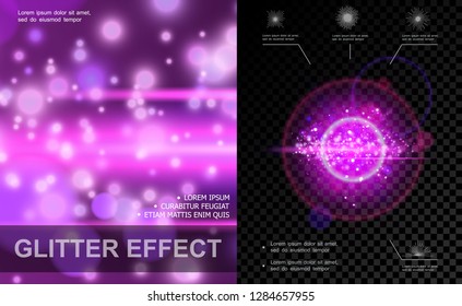 Realistas efectos de luz plancha morada con puntos brillantes lentes chispear y efectos de brillo ilustración vectorial
