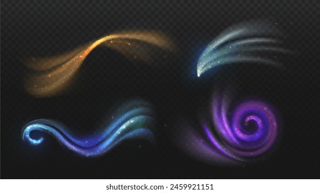 Realistic light effects set. Violet, yellow and blue sparkles at copy space. Magician effect. Galaxy and universe, cosmos. Isometric vector collection isolated on transparent background