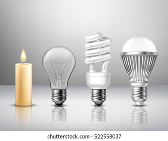 Realistic light evolution concept from candle to modern led bulb on glassy surface isolated vector illustration