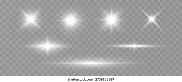 Realistic light flare effects with starburst flashes and glowing beams isolated on transparent background cinematic overlay pack