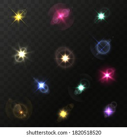 Realistic light flares, backlight. Lens flares beams. Transparent light effect design. Sparkling flash light effects with colorful blinking. Vector illustration