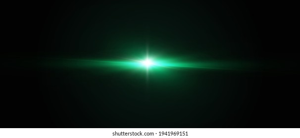 Realistic light glare, highlight.  Beautiful bright lens flares. Lighting effect of flash. Green glitter shining star, glowing spark isolated on black background. Vector EPS10