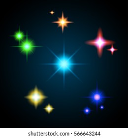 Realistic light glare, highlight set. Collection of beautiful bright lens flares different colors. Lighting flash effects. Vector illustration.
