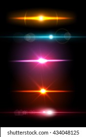 Realistic light glare sparkle, highlight set. Collection of beautiful bright lens flares. Lighting effects of flash. Easy to use.