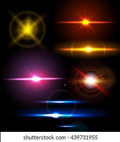 Realistic light glare sparkle, highlight set. Collection of beautiful bright lens flares. Lighting effects of flash. Easy to use.