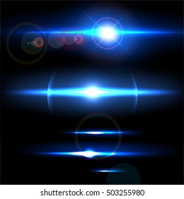 Realistic light glare sparkle, highlight set. Collection of beautiful bright lens flares. Lighting effects of flash.