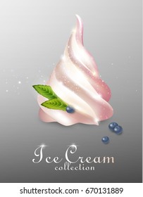 Realistic light ice cream template with bilberries and leaves on gray background isolated vector illustration 