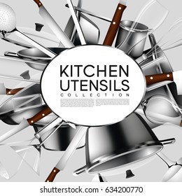 Realistic light kitchen utensil poster with cooking tools equipment knives pots saucepans and pans vector illustration