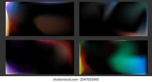 Conjunto de fondos de Vector de superposición de fuga de luz realista. Efecto de destello de película vieja colorida, textura de fugas de luz con rayas iridiscentes brillantes. Película retro angustiada. Efecto de grabación de fotos multicolor