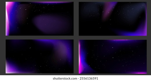 Realistic light leak overlay vector backgrounds set. Blue purple old film flare effect, light leaks texture with noise, glowing iridescent stripes. Distressed photo burn effect with dust and grain