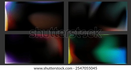 Realistic light leak overlay vector backgrounds set. Colorful old film flare effect, light leaks texture with glowing iridescent stripes. Distressed retro movie. Multicolor photo burn effect