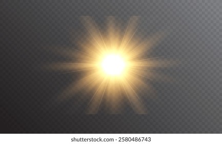 Realistic light on isolated transparent background. Sunlight with special lens flare effect. Sun with glare png. Yellow sun. Light flash gold png. Dawn, sunset, sun png. Flash of light, light effect