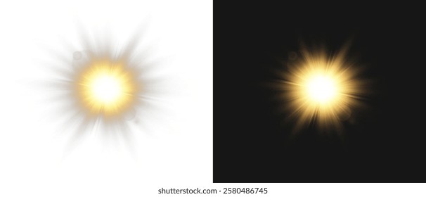 Realistic light on isolated transparent background. Sunlight with special lens flare effect. Sun with glare png. Yellow sun. Light flash gold png. Dawn, sunset, sun png. Flash of light, light effect