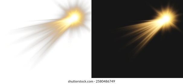 Realistic light on isolated transparent background. Sunlight with special lens flare effect. Sun with glare png. Yellow sun. Light flash gold png. Dawn, sunset, sun png. Flash of light, light effect