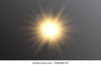 Realistic light on isolated transparent background. Sunlight with special lens flare effect. Sun with glare png. Yellow sun. Light flash gold png. Dawn, sunset, sun png. Flash of light, light effect