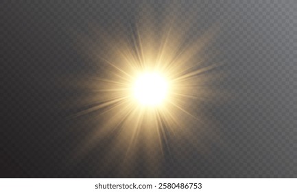 Realistic light on isolated transparent background. Sunlight with special lens flare effect. Sun with glare png. Yellow sun. Light flash gold png. Dawn, sunset, sun png. Flash of light, light effect