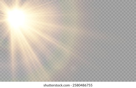 Realistic light on isolated transparent background. Sunlight with special lens flare effect. Sun with glare png. Yellow sun. Light flash gold png. Dawn, sunset, sun png. Flash of light, light effect