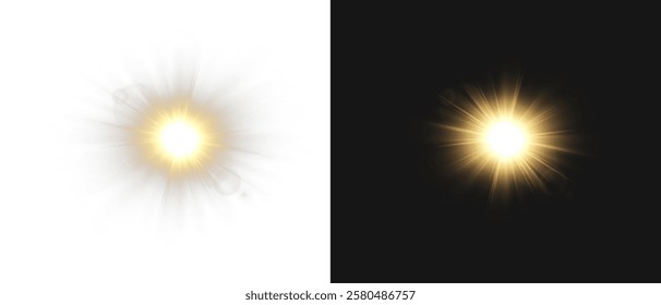 Realistic light on isolated transparent background. Sunlight with special lens flare effect. Sun with glare png. Yellow sun. Light flash gold png. Dawn, sunset, sun png. Flash of light, light effect